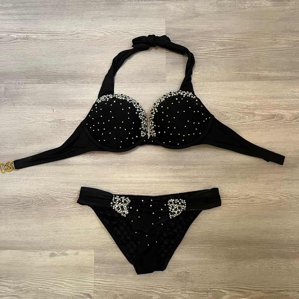 Victoria's Secret Black Beaded Bombshell Bikini Set 34B/XS